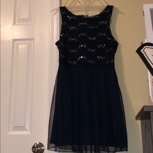 Navy Midi Dress Sequins Top Sheer Bottom Overlay
